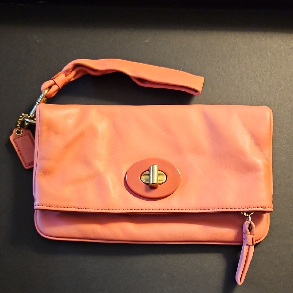 Coach Coral-Orange Leather Wristlet Clutch with Gold Hardware